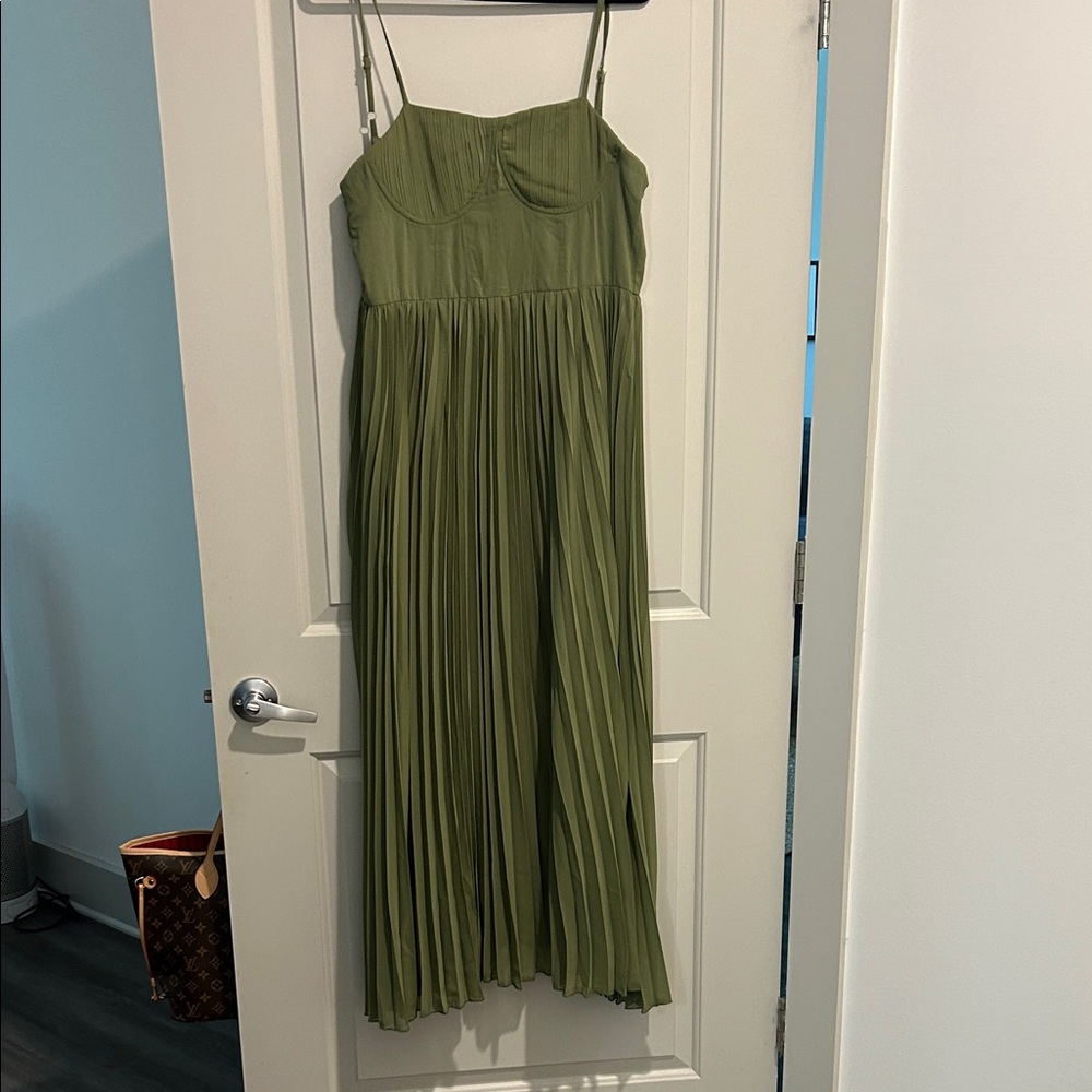 Pleated Olive-Green Spaghetti-Strap Maxi Dress